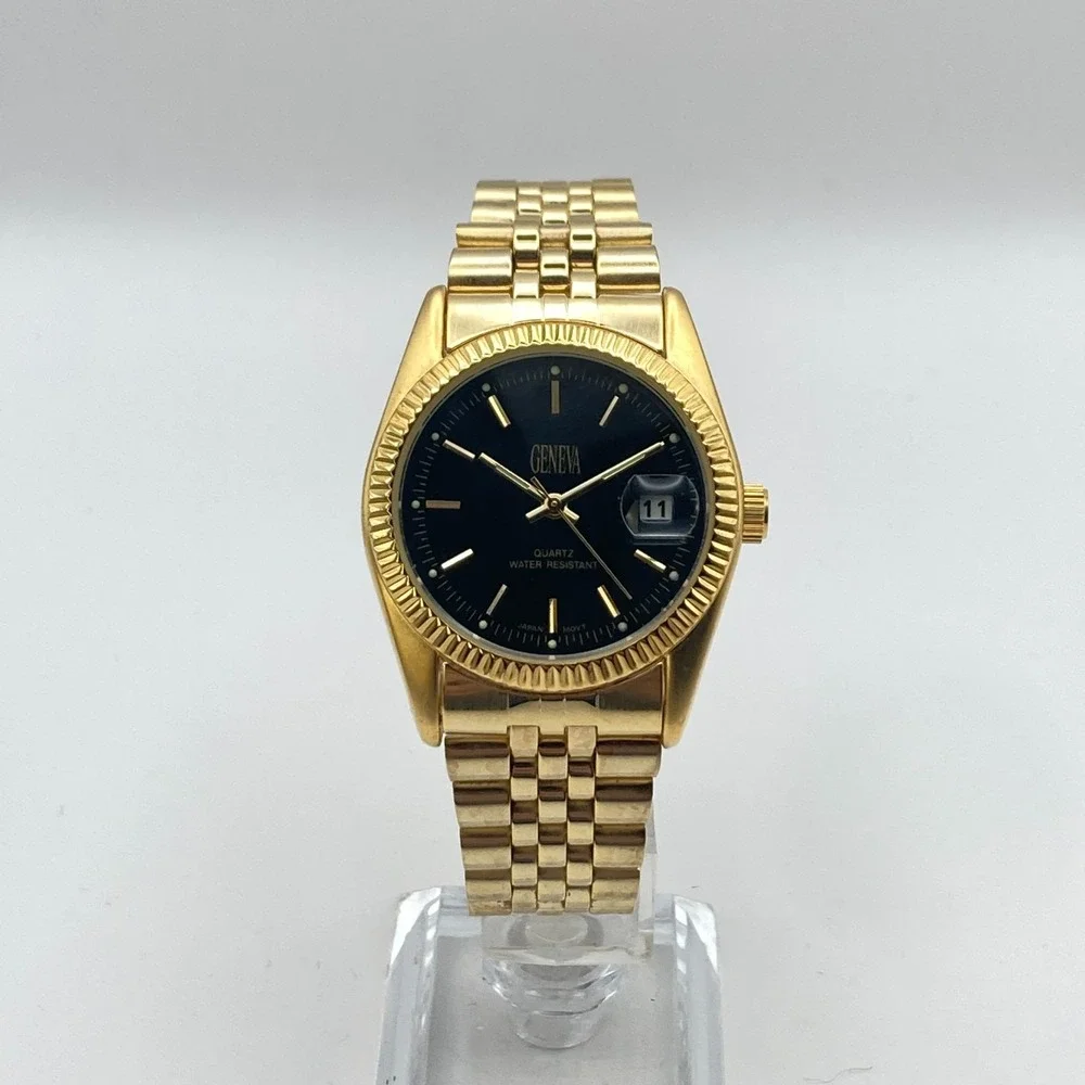 Geneva Men's Dress Watch 35mm Gold Tone Black Dial Date Bubble New Battery 7.75